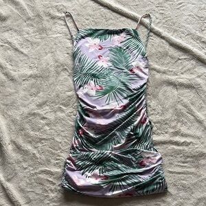 Revamped Tropical Print Mini Dress – Size L | Ruched Bodycon | Island Vibes |